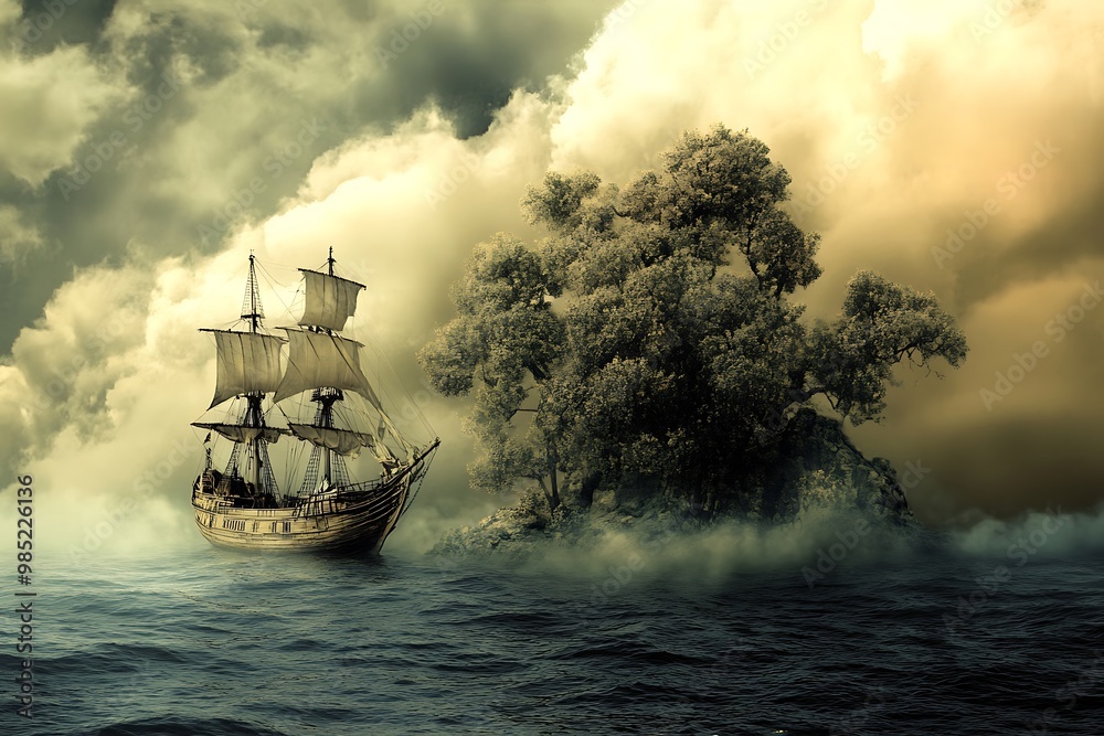 Obraz premium Sailing Ship Approaching a Mysterious Island in a Foggy Sea