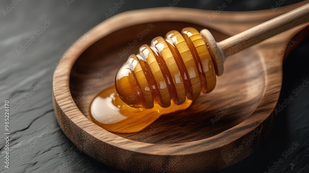 Golden Honey Dripping from a Wooden Dipper Golden Honey Dripping from a Wooden Dipper