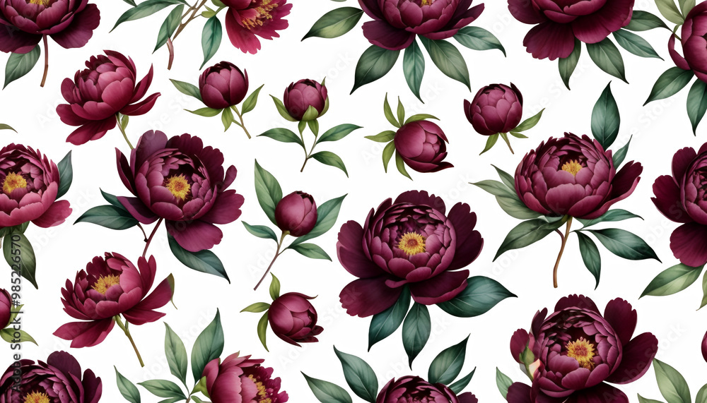 watercolor seamless vintage pattern peonies burgundy peony flower leaf pattern tree branch chaplet watercolor wild greeting spring anniversary botanical summer blossom card female illustration retro