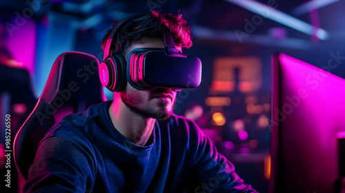 Man Wearing VR Headset and ...