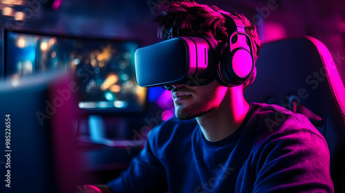 Virtual Reality Gaming, Man Wearing VR Headset, Neon Lights, Realistic Image