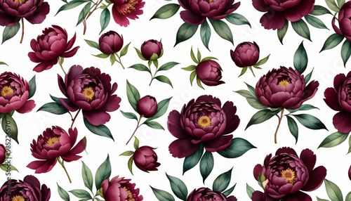 Obraz na płótnie watercolor seamless vintage pattern peonies burgundy peony flower leaf pattern tree branch chaplet watercolor wild greeting spring anniversary botanical summer blossom card female illustration retro w salonie