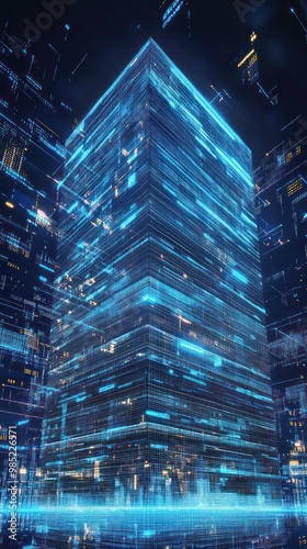 A futuristic skyscraper with a glowing blue digital design.