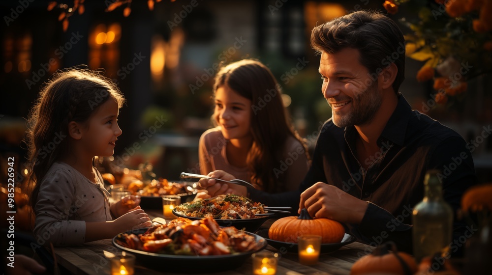 Family having a meal outdoors, table setting with pumpkins and autumn decoration Family having a meal outdoors, table setting with pumpkins and autumn decoration