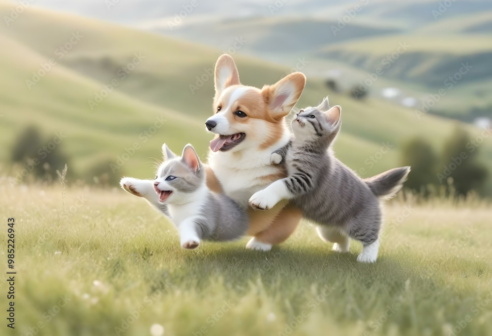 A playful puppy and kitten running and playing together in a grassy field on a sunny day A playful puppy and kitten running and playing together in a grassy field on a sunny day