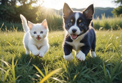 A playful puppy and kitten running and playing together in a grassy field on a sunny day