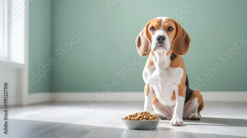 A beagle sits on a floor next to a bowl of kibble, looking up towards the camera. Bright light illuminates the room. photo