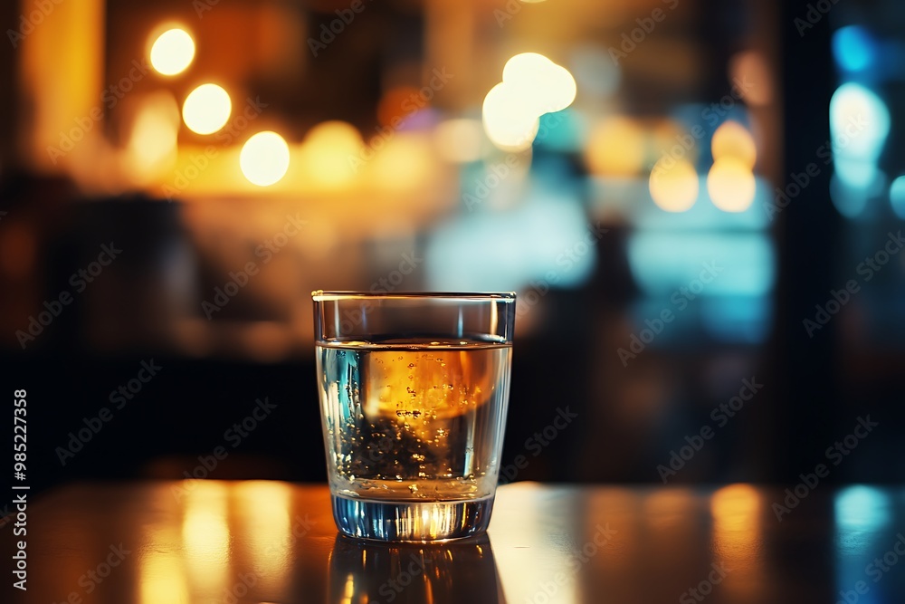 Glass of water on a table at a bar with blurry lights in the background Glass of water on a table at a bar with blurry lights in the background