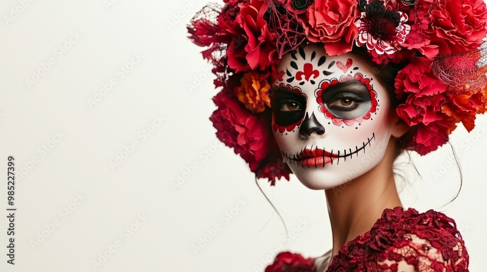 Woman with sugar skull makeup and floral headpiece for Dia de los Muertos