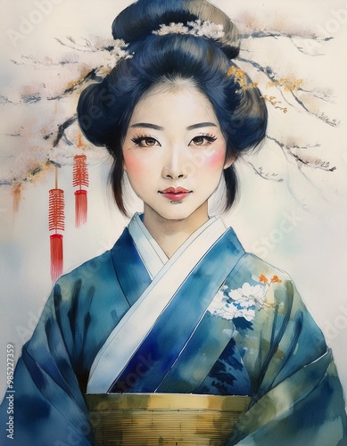 painting of a Japanese woman wearing traditional clothing photo