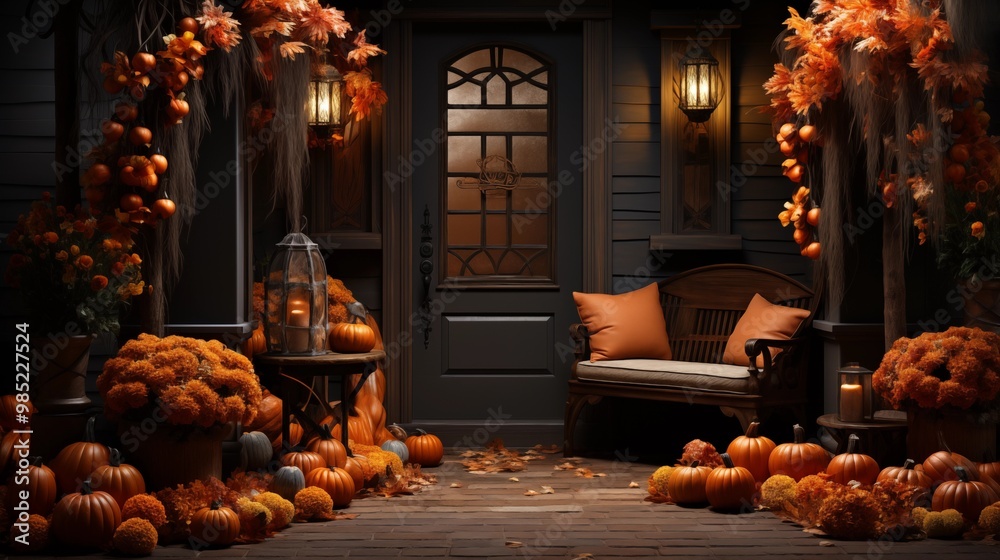 Front door with fall decor, pumpkins and autumnthemed decorations Front door with fall decor, pumpkins and autumnthemed decorations