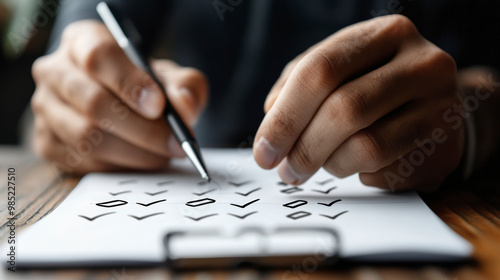 A person is marking checkboxes on a clipboard, possibly completing a to-do list or survey, using a pen.