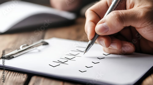 A person is marking tally marks on a piece of paper with a pen, signifying a count or keeping track of something. photo