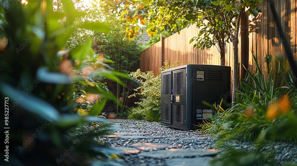 Naklejka premium Air conditioning unit installed outside in a lush backyard garden