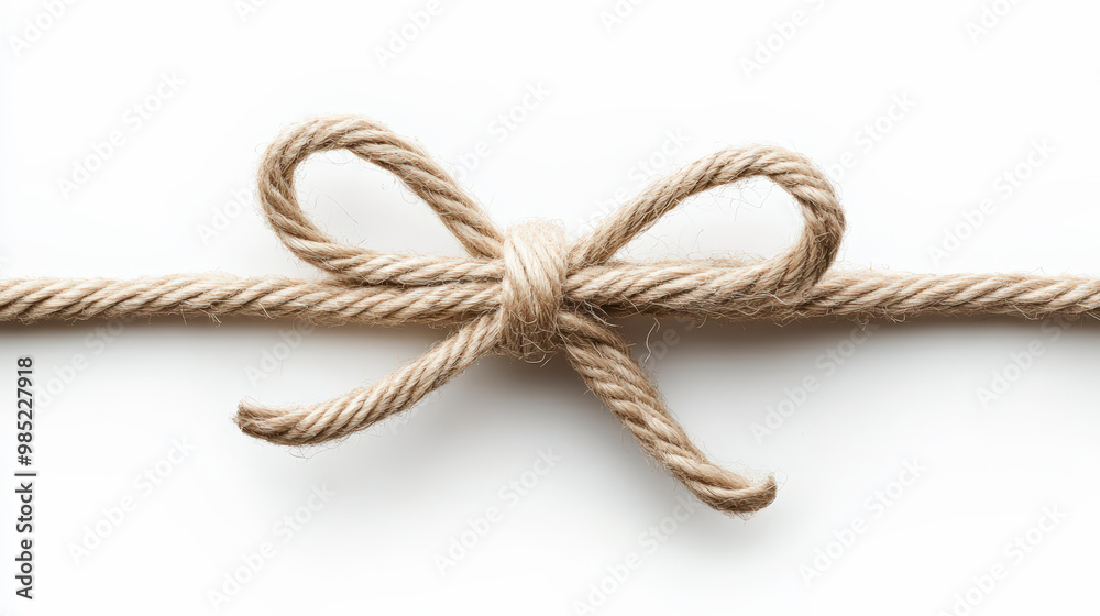 A piece of rope tied in a simple and neat bow knot against a plain white background. A piece of rope tied in a simple and neat bow knot against a plain white background.