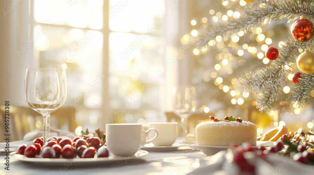 A festive table setting with wine glasses, teacups, a cake, and berries beside a beautifully decorated Christmas tree with glowing lights. A festive table setting with wine glasses, teacups, a cake, and berries beside a beautifully decorated Christmas tree with glowing lights.
