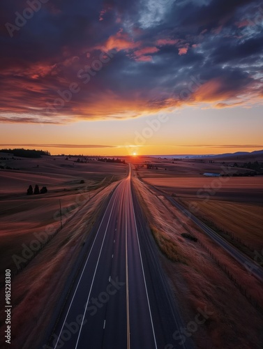 Rural landscape in Washington State at sunset. Long winding road through countryside with fields, forests, and hills. Clouds and sky in evening colors. Mountains and trees in background.