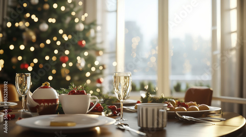 Wallpaper Mural A cozy, festive holiday table set with drinks, food, and a beautifully decorated Christmas tree glowing warmly in the background. Torontodigital.ca