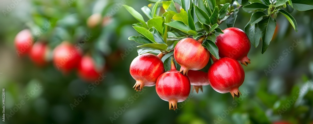 Obraz premium Pomegranate fruits on a tree branch in orchard garden. Autumn harvest. Symbol of Israeli holiday Rosh Hashanah. Jewish New Year holiday celebration. Design for greeting card, banner with copy space