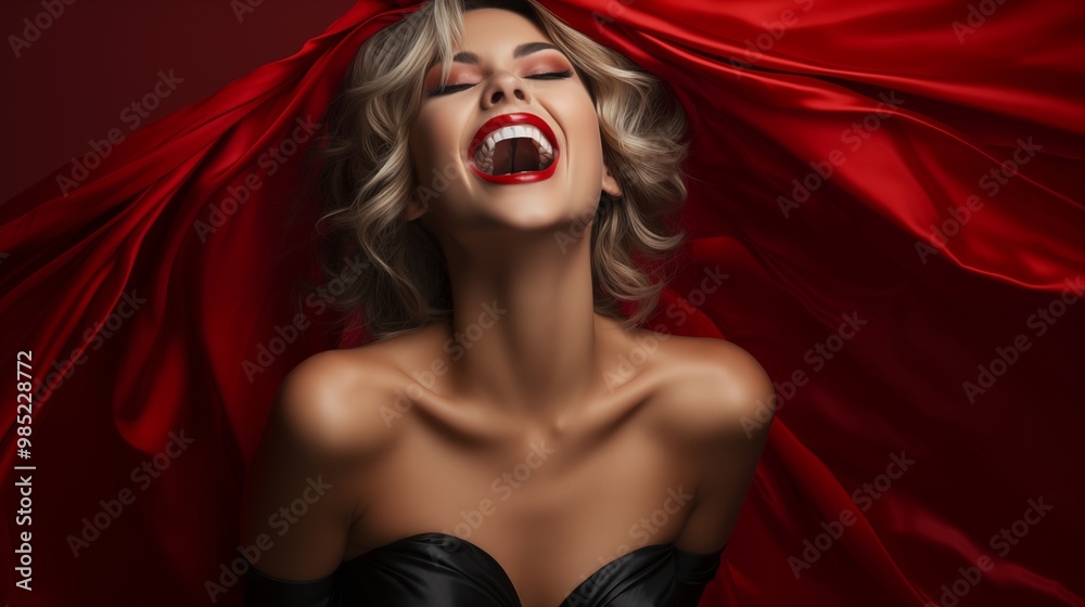 Laughing Happy Adult Woman Wearing a Vampire Costume for Halloween on a Red Banner with Space for Copy Laughing Happy Adult Woman Wearing a Vampire Costume for Halloween on a Red Banner with Space for Copy