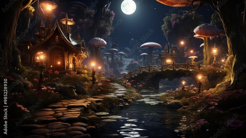 Obraz premium Magical fairy tale forest landscape background with glowing lights