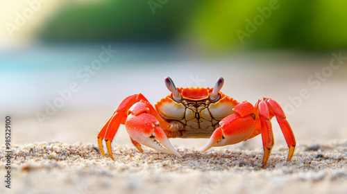 A vibrant red crab stands on sandy beach shore, with a blurred green and blue ocean background, presenting a picturesque coastal scene.