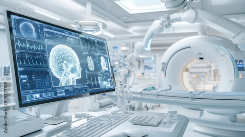 A state-of-the-art medical imaging room with a brain scan displayed on a monitor and advanced diagnostic equipment, showcasing high-tech healthcare technologies.