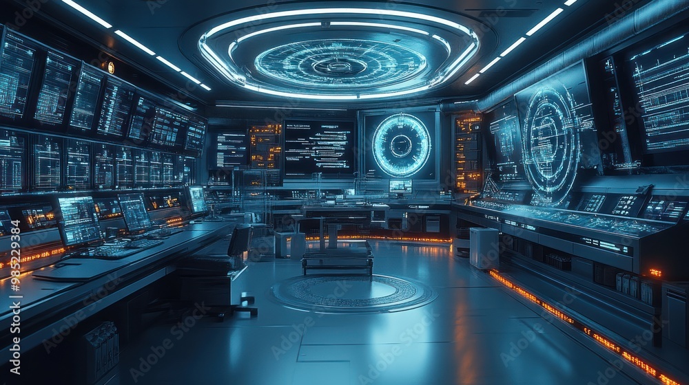 Futuristic control room with advanced technology and screens. Futuristic control room with advanced technology and screens.