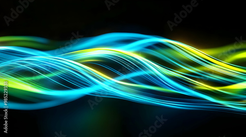 Abstract Background with Wavy Lines of Blue and Green Light