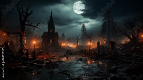 Mystical ancient graveyard under cloudy sky with super moon