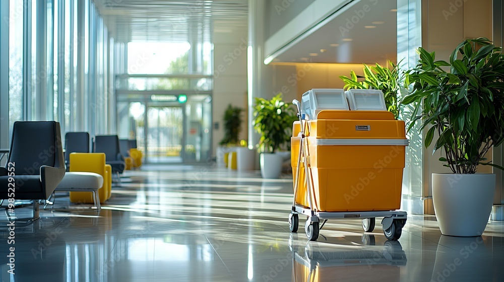 A Cleaning Trolley Fully Equipped for a High-End Office Lobby