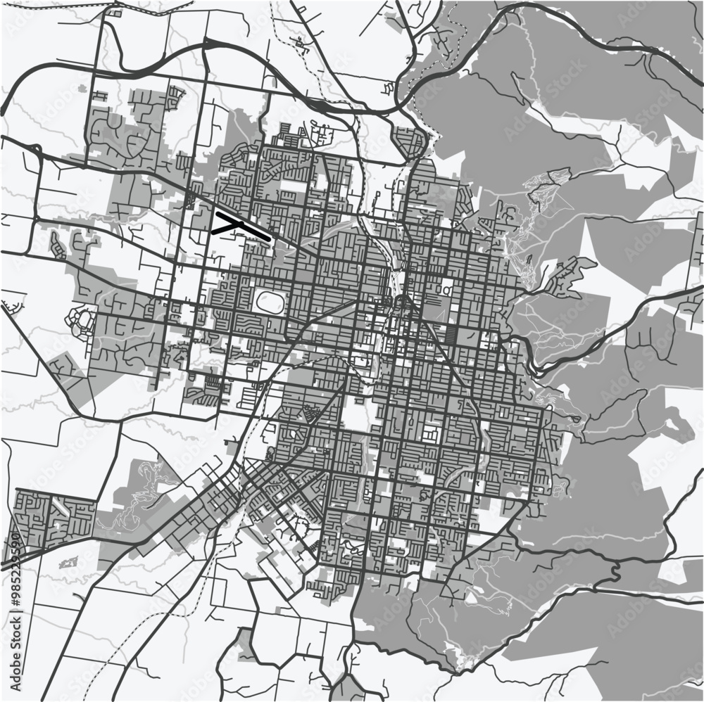 Obraz premium Map of Toowoomba in Australia in grayscale. Contains layered vector with roads water, parks, etc.