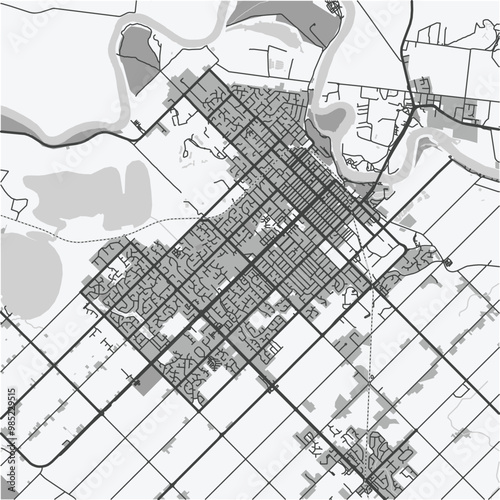 Map of Mildura in Australia in grayscale. Contains layered vector with roads water, parks, etc.