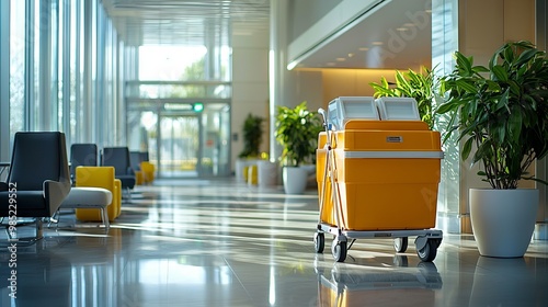 Obraz na płótnie A Cleaning Trolley Fully Equipped for a High-End Office Lobby w salonie