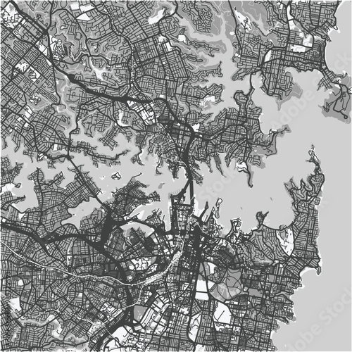 Map of Sydney Harbour in Australia in grayscale. Contains layered vector with roads water, parks, etc.