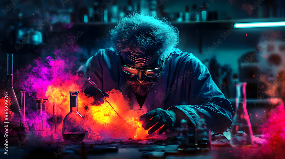 Scientist in Lab with Colorful Smoke - Illustration Scientist in Lab with Colorful Smoke - Illustration