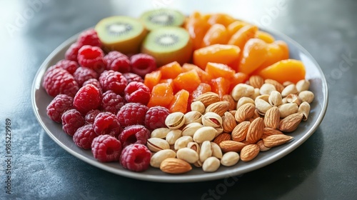 Healthy snacks with fruits and nuts arranged on a plate, fresh style, close-up, sharp focus, bright lighting, vibrant colors