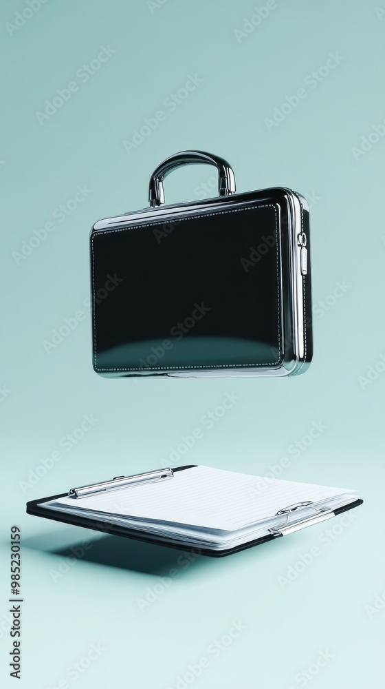 A floating briefcase above a clipboard, symbolizing business and organization. A floating briefcase above a clipboard, symbolizing business and organization.