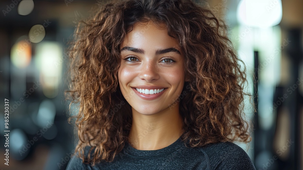 Close-up Portrait of a Smiling Woman with Curly Brown Hair Close-up Portrait of a Smiling Woman with Curly Brown Hair