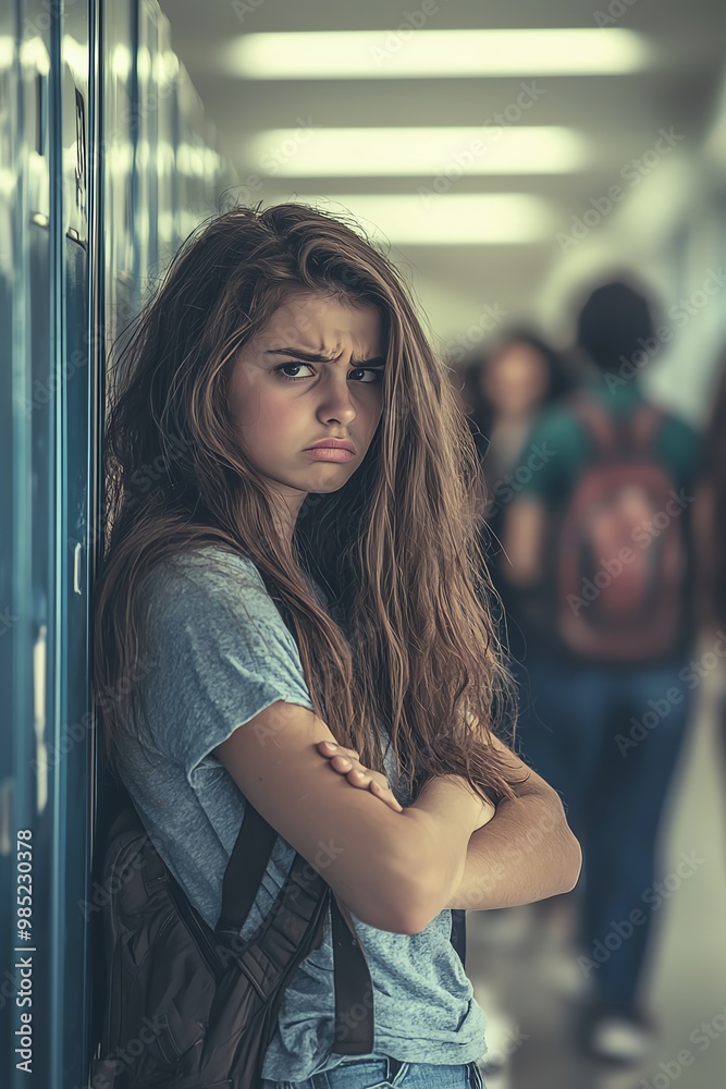 Teenage girl with arms crossed looking annoyed in a school hallway. Teenage girl with arms crossed looking annoyed in a school hallway.