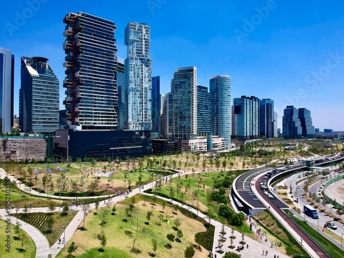Fototapeta Naklejka Na Ścianę i Meble -  Aerial view of Mexico city park with buildings in background