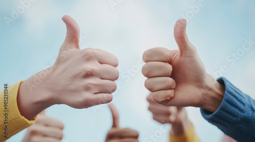 Group of people giving a thumbs-up gesture, symbolizing approval and positivity. Blue sky background adds to the uplifting and encouraging atmosphere.