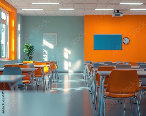 Learning environment with modern classrooms and technology, educational style, sharp focus, bright lighting