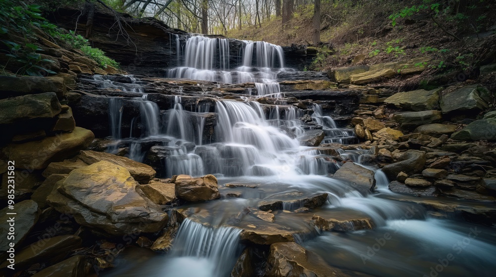 Waterfall flows over rocky surface in lush forest. Long exposure captures movement of water, trees, and leaves. Scene is serene, peaceful, and beautiful. Waterfall cascades down rocky terrain. Waterfall flows over rocky surface in lush forest. Long exposure captures movement of water, trees, and leaves. Scene is serene, peaceful, and beautiful. Waterfall cascades down rocky terrain.