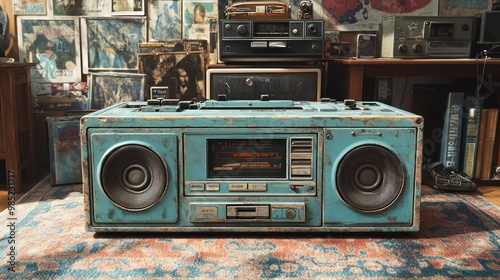 Vintage boombox in a cozy room filled with music memorabilia.