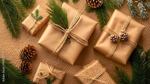 Eco-friendly Christmas presents wrapped in brown paper and natural twine, showcasing a minimalistic and sustainable gift-giving approach. Promoting green holiday gifting, sustainable packaging