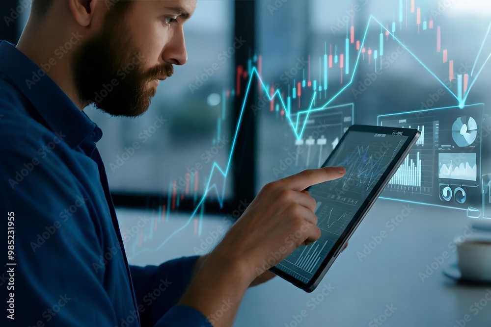 A man, dressed in a blue shirt, uses a tablet to analyze digital financial charts displayed on a transparent screen in front of him. A man, dressed in a blue shirt, uses a tablet to analyze digital financial charts displayed on a transparent screen in front of him.