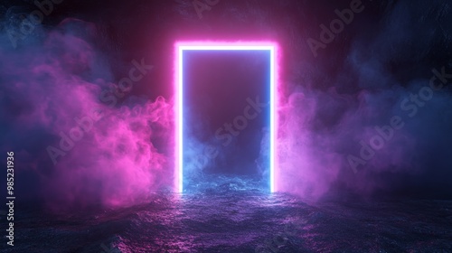 Neon portal in a smoky atmosphere.