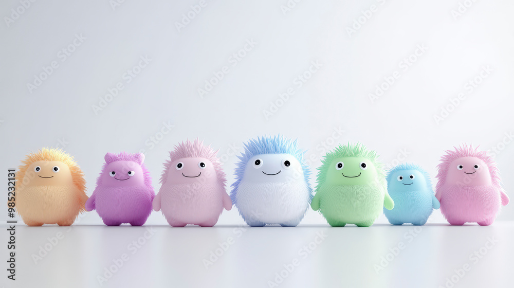 A group of seven colorful, cute, fluffy monster-like characters standing in a row against a white background, smiling cheerfully. A group of seven colorful, cute, fluffy monster-like characters standing in a row against a white background, smiling cheerfully.