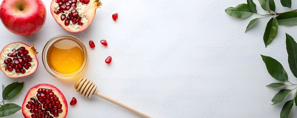Red pomegranates, apples, green leaves and honey  on white background. Traditional symbols of  Rosh Hashanah. Jewish New Year holiday. Template for design. Flat lay, top view with copy space